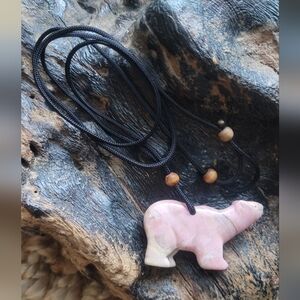 Hand Carved Baby Pink Bear Gemstone Pendant Necklace on Cord, Black & Pink.